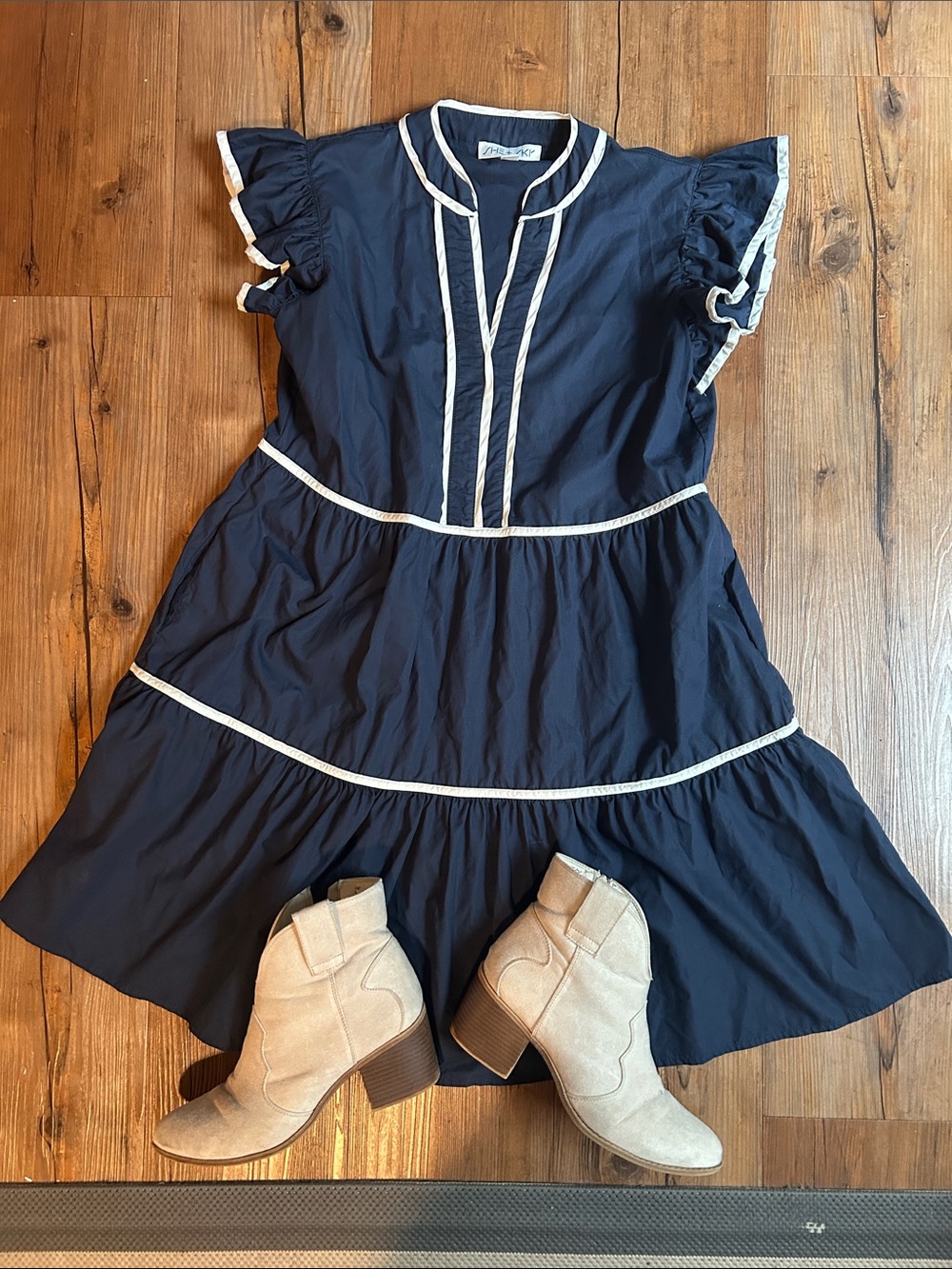 She + Sky Navy Ruffle Sleeve Dress with Contrast Trim